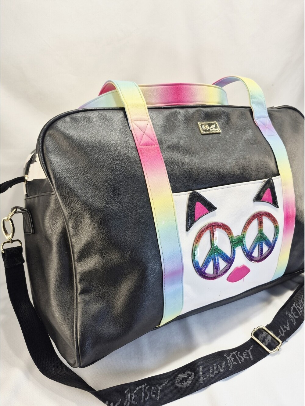 Betsey Johnson faux leather weekender duffle bag 18" cat design and rainbows - Picture 5 of 16